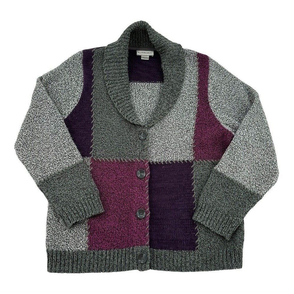 Allison Daley Cardigan Sweater Patchwork Colorblock Purple Grey Wool Women Large